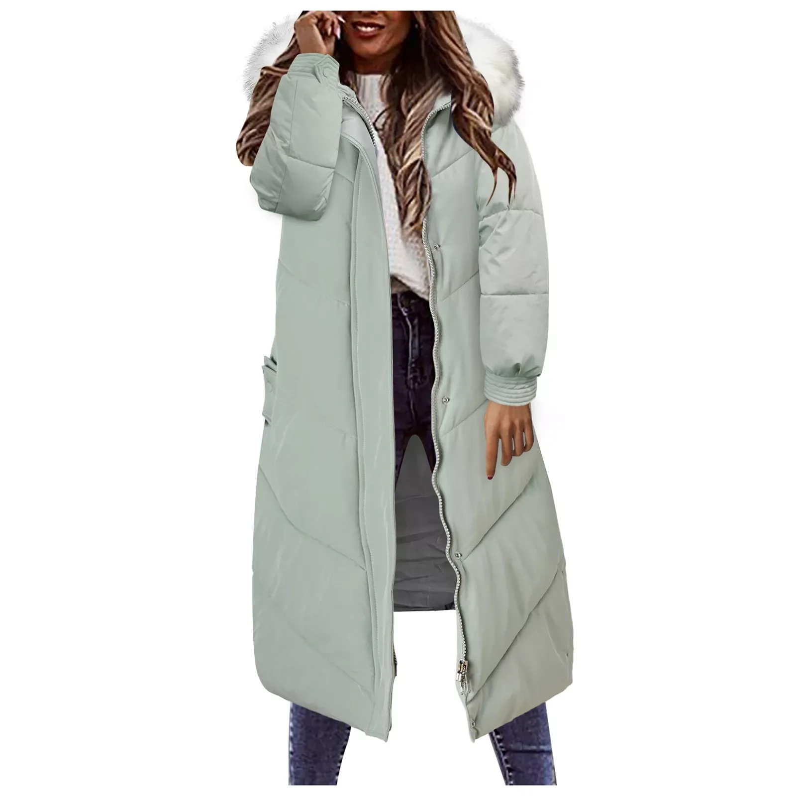 

NEW IN Women's 2021 Long Winter Coat Vest With Hood Long Sleeve Warm Down Coat With Pockets Quilted Outdoor Jackets