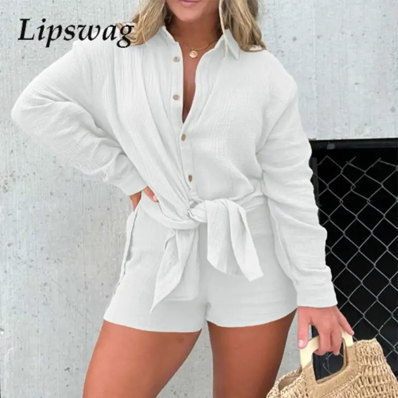 

Fashion Casual High-Waist Shorts Plus Top Elegant Lapel Button Loose Two-Piece Set Women Casual Commuting Solid Long-Sleeved Set