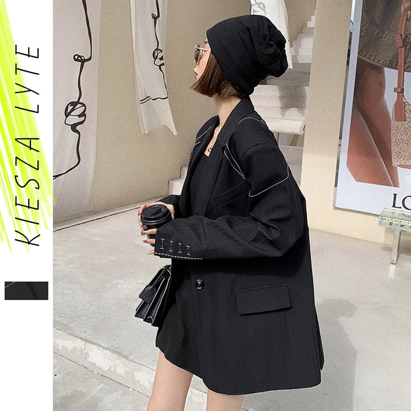 Casual Women Black Blazer Stripe Hand-stitched Spring Autumn 2023 Ladies Loose Suit Jacket Streetwear