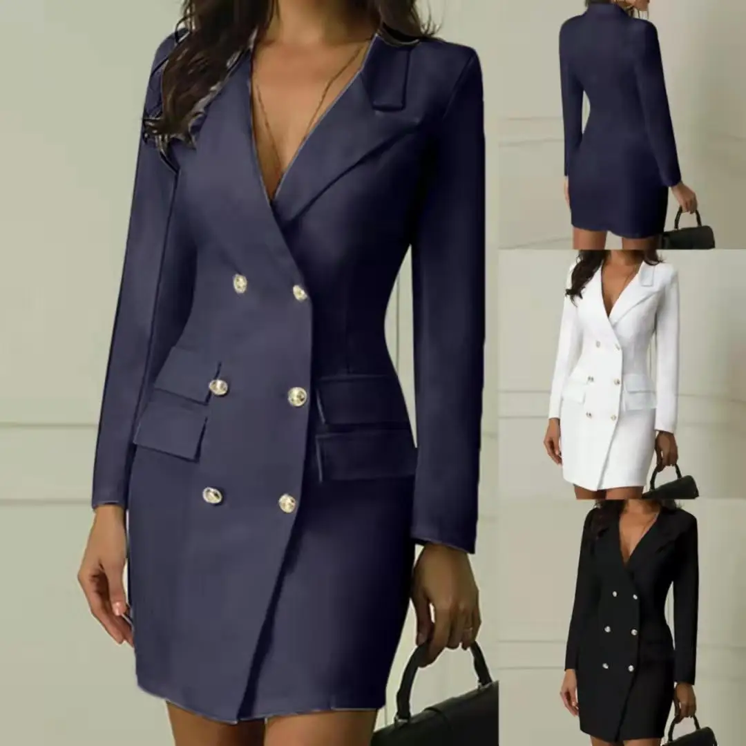 

Double breasted slim fitting windbreaker solid color thin coat dress for women