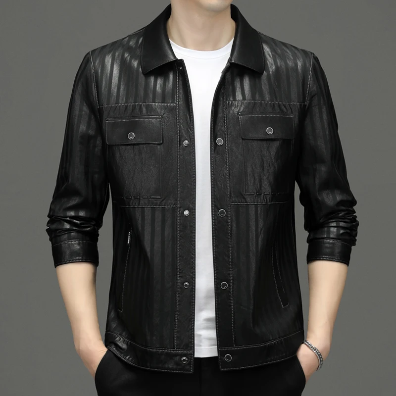 High-End Quality Autumn and Winter New Bronzing Striped Leather Coat Men's Comfortable Fashion Polo Collar Slim Casual Jacket