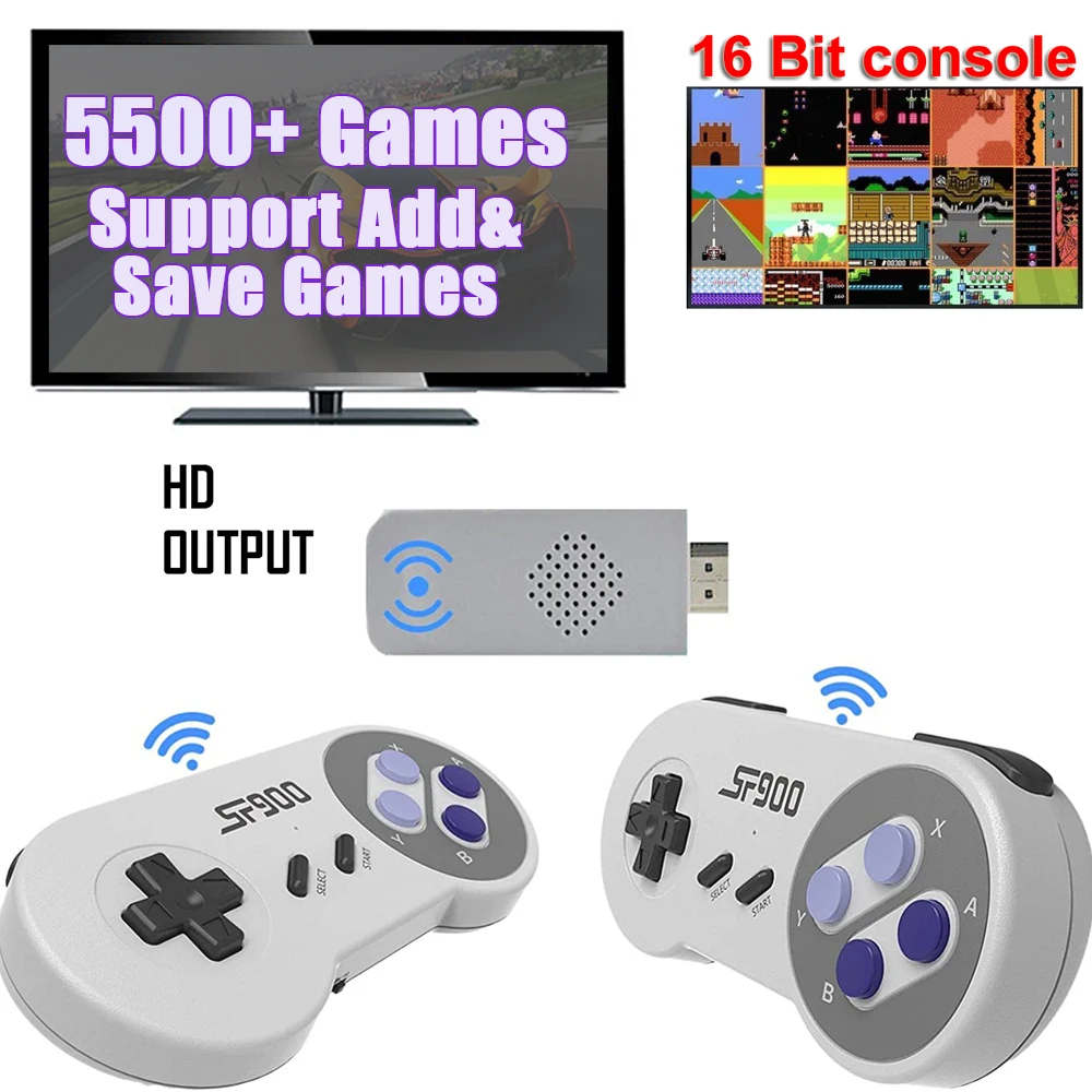 

SF900 Retro Game Console for NES/SNES Video Game Stick With Wireless Controller Build in 5500+ games HD Portable Double Players