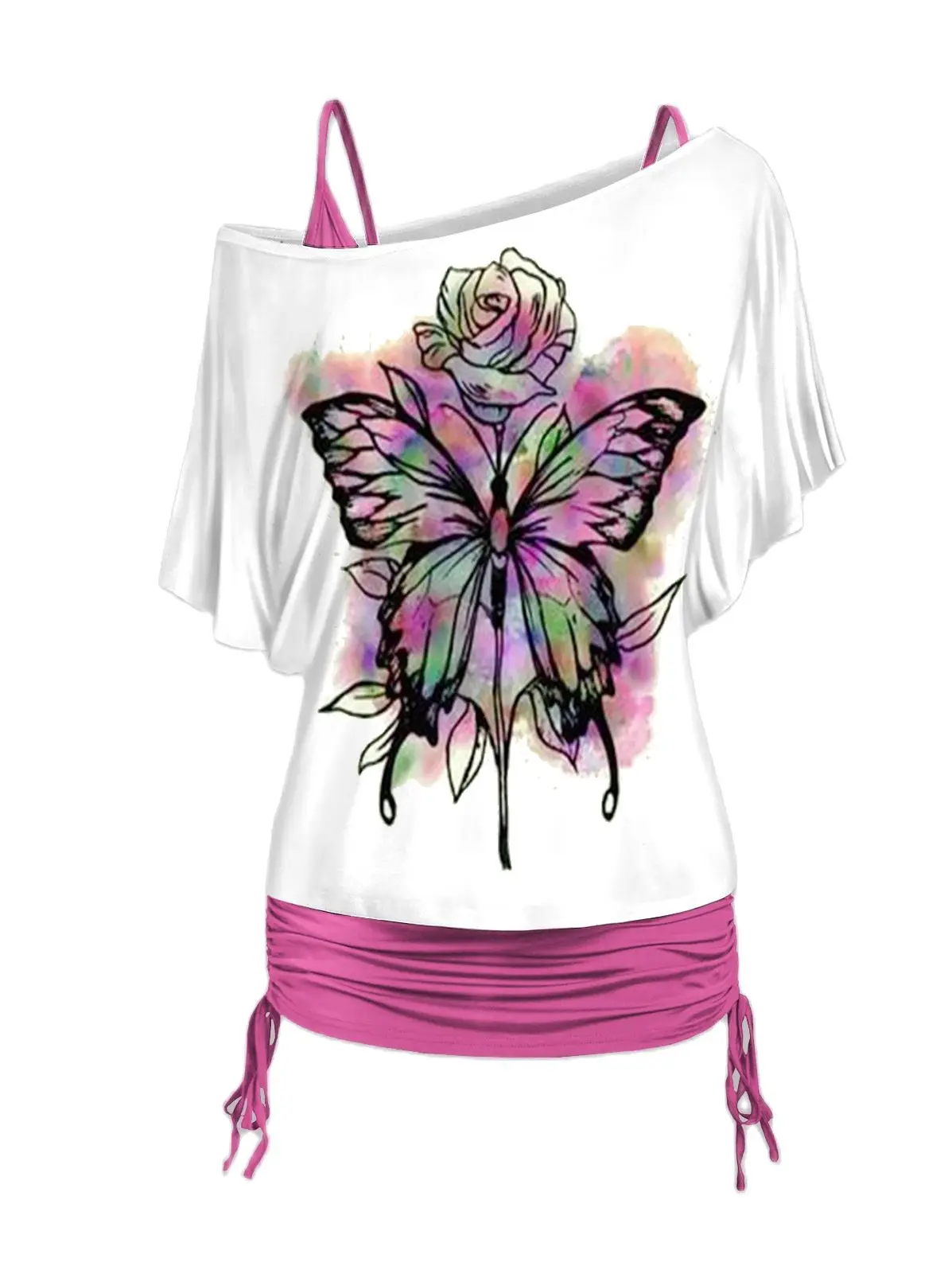 

Dressfo Colored Butterfly Print Women Tee Skew Neck Short Sleeves Spaghetti Strap Camisole Set Summer Cinched Ruched Tops