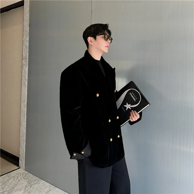 Tangz Studio Old Money Sle золотой бархатный двубортный костюм с профилем мужской корейский