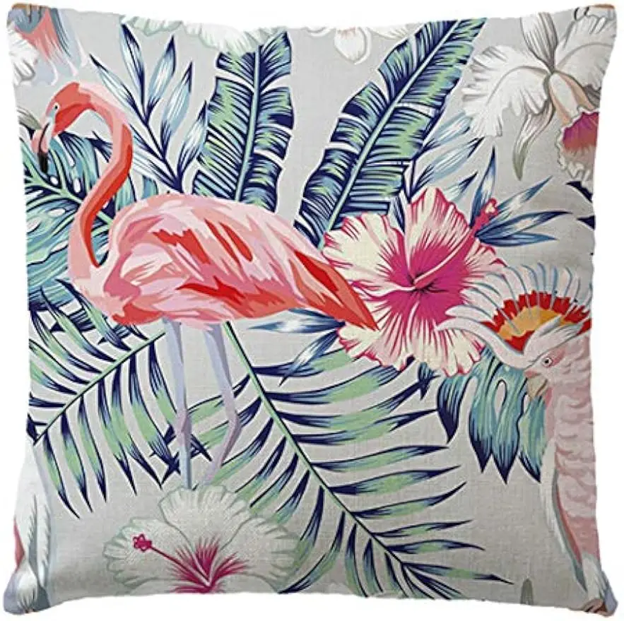 Розовая наволочка с фламинго тропическими растениями 40x40 см