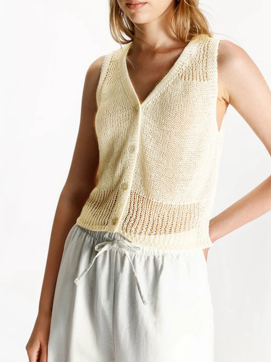 Women s Knitted Tank Tops Hollow Eyelet Sleeveless V-Neck Single-Breasted Open-Stitch Sweaters Cardigan