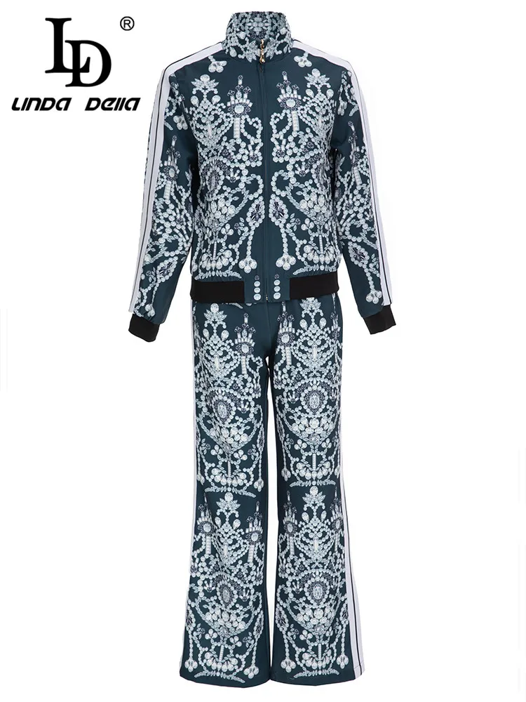 

LD LINDA DELLA Fashion Runway Autumn Printed Pants Set Women's Stand collar Zipped Jacket + Elastic waist Pants 2 Piece Set