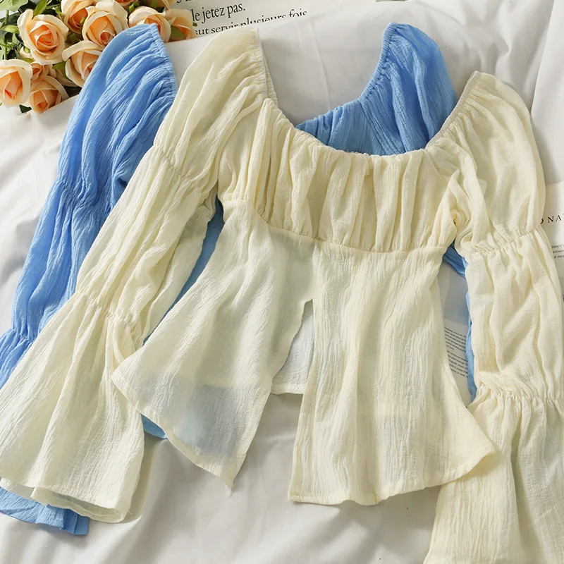 

French Gentle Flare Sleeve Square Neck Fairy Blouse Shirts Summer 2022 New Elegant Wild Slim Solid Color Shirt Blouses