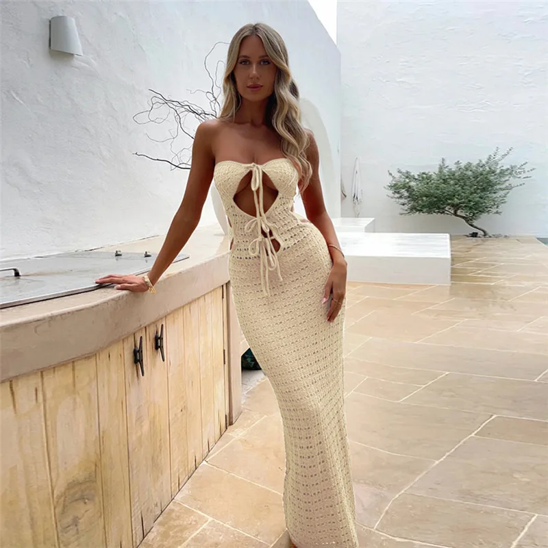 

2023 New Autumn Apricot Dresses for Women Sexy Hollow Out Lace Up Evening Dress Strapless Backless High Waist Slim Fit Dress