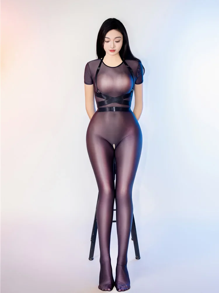 Сексуальное женское прозрачное масляное глянцевое эластичное боди облегающие