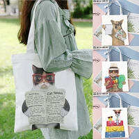 cartoon puppy printed canvas bag for women unisex eco friendly reusable shopping bag foldable cloth college student storage bag