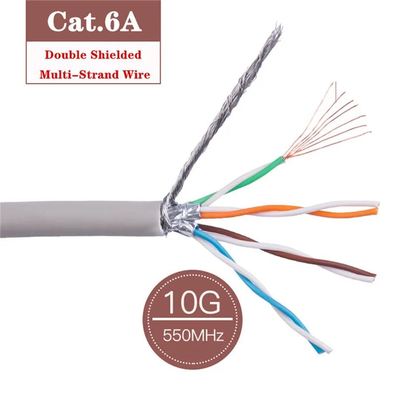 Cable Ethernet gris Cat 6a, instalación S/FTP, doble blindaje, cobre sólido, 26AWG,...