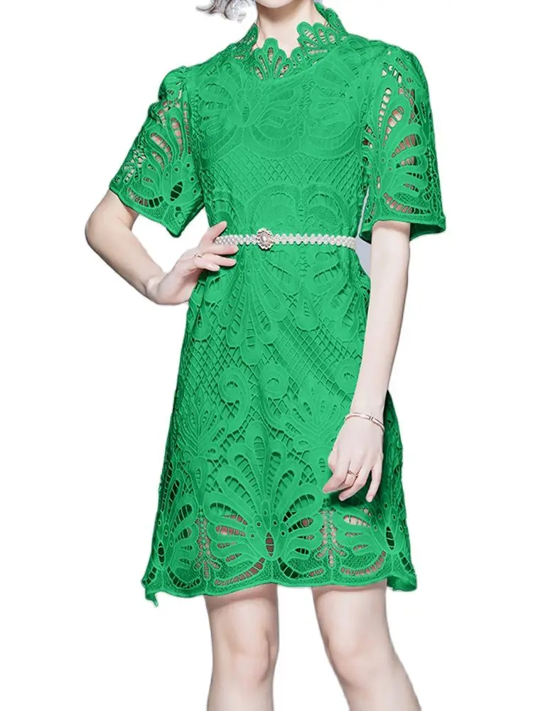 

Женское кружевное платье с коротким рукавом, ажурное платье-трапеция с цветочным принтом и поясом с жемчужинами, лето 2022