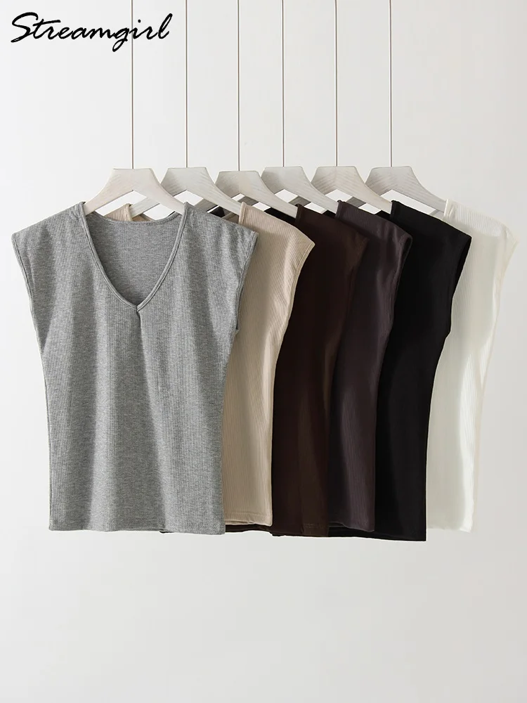 Ребристые футболки женские летние обтягивающие V Nek однотонные базовые топы без