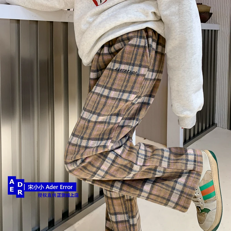 

Korean high quality trousers for men and women in autumn and winter New loose casual wool warm straight wide leg plaid trousers