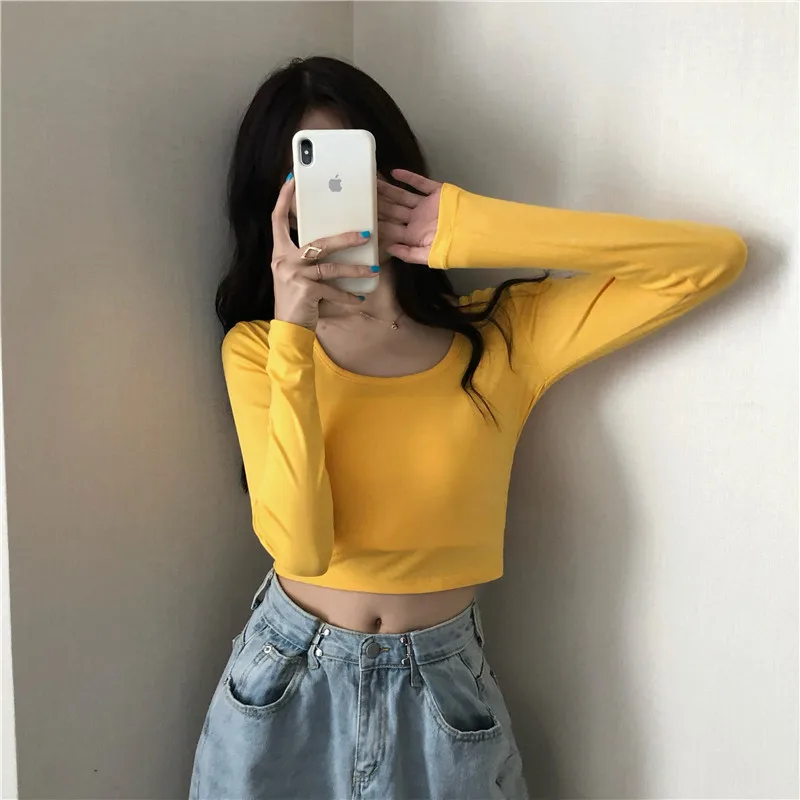

Casual Black Solid Color Long Sleeve T-shirt for Women Spring Summer 2023 New Fashion Korean Underwear Short Top Low Neck Tops