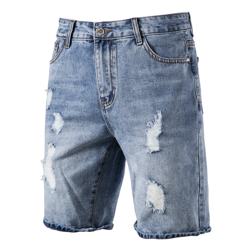 Fashion Men's Summer Washed Casual Straight Ripped Holes Jeans Male Shorts