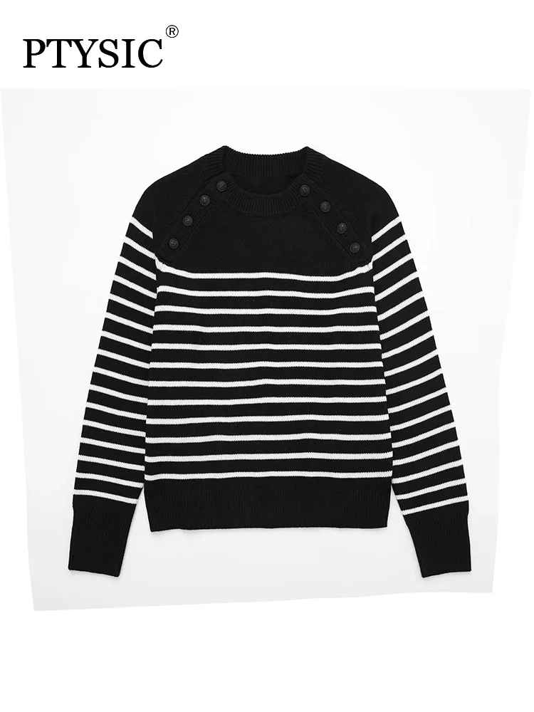 

PTYSIC Women Fashion Striped Sweater Long Sleeves With Round Neckline Front Buttons On Shoulders Warm Knitted Pullovers
