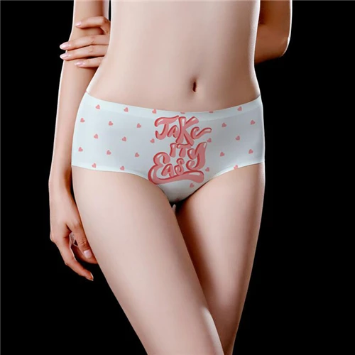 Sexy Underwear Smooth Ice Silk Seamless Lingerie Underpants Comfort Cute  Girl Briefs Luck Red Love Heart Print Women Panties