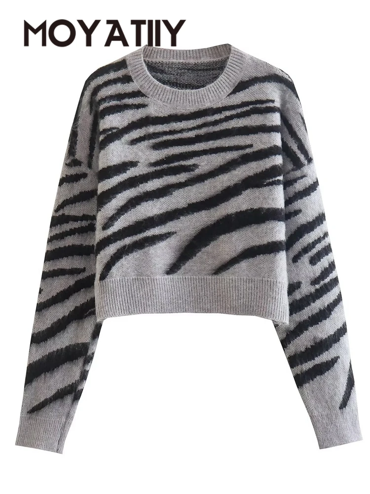 

MOYATIIY 2022 Fashion Women Winter Sweater Chic Zebra Crop Pullover Sweaters Turtleneck Long Sleeve Ladies Knitted Jumper Tops