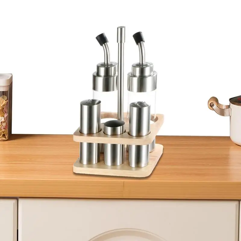 

Wood Base Seasoning Bottle Set With Wooden Rack Translucent Pepper Bottle Holder Kitchen Tools For Oil Salt Vinegar Soy Sauce