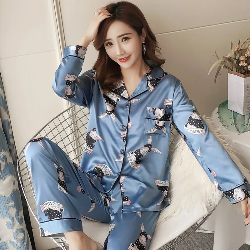 Spring and Autumn Pajamas Women Ice Silk Thin Section Flowers and Plants Long-sleeved Trousers Loose Korean Home Service Suit