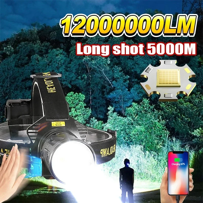 Фото Новый налобный фонарь 12000000 люмен с датчиком XHP360 для рыбалки, аккумулятор 18650, USB-перезаряжаемый, налобный фонарик-прожектор №1