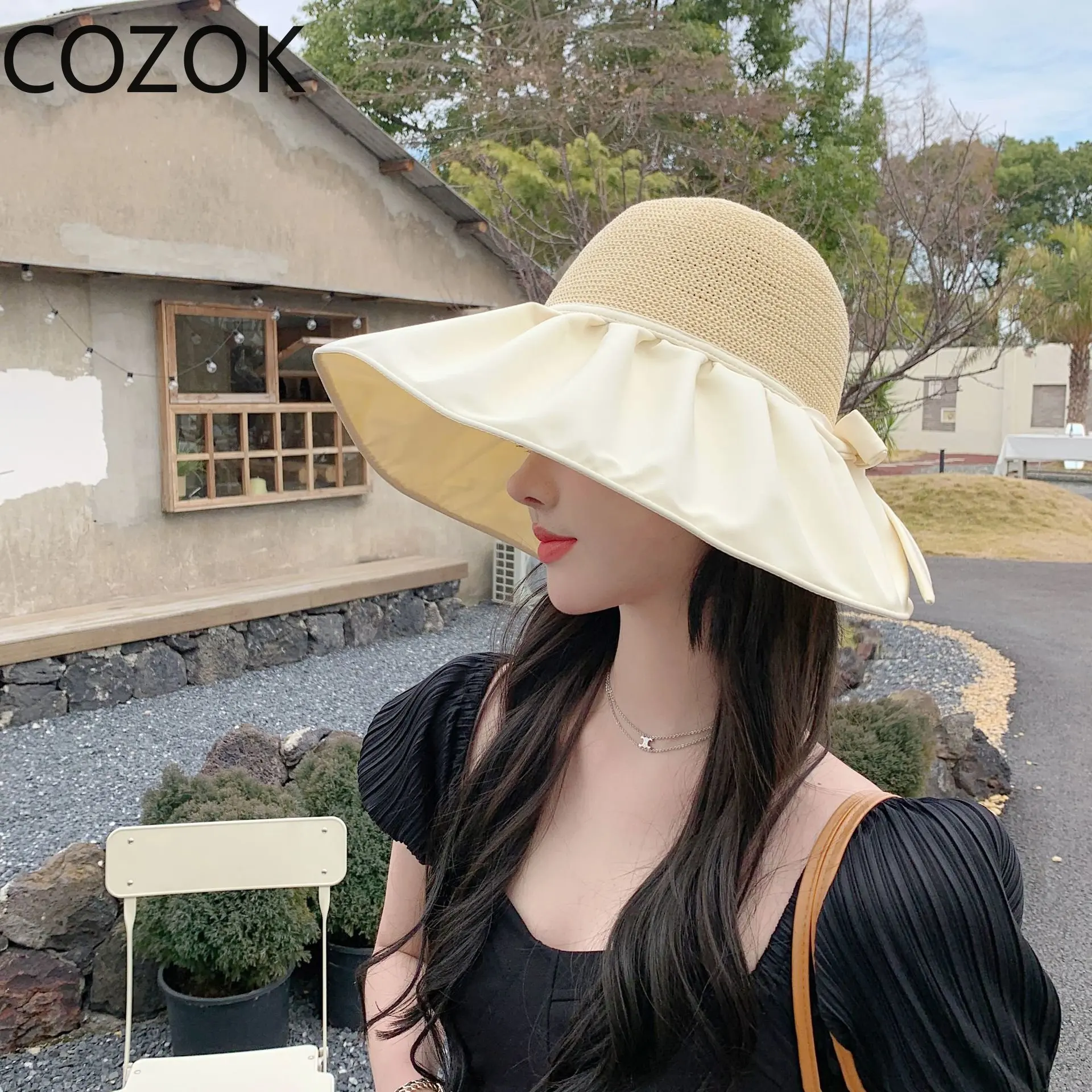 

Summer Sun Visor Female Outing Beach Hat Hollowed Out Straw Hat Large Eaves Sunscreen Mask Face Sun Fisherman Hat Solar Fan Hat