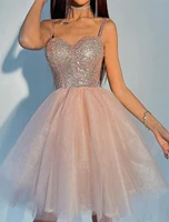ball gown a line sparkle shine puffy cocktail party prom dress spaghetti strap short sleeve knee length tulle with sequin tier