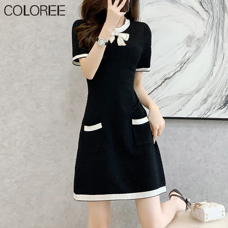 

Summer Runway Designer Clothes Women Luxury Elegant Bow O-neck Short Sleeve Knitted Dresses Mini Vestidos De Fiesta