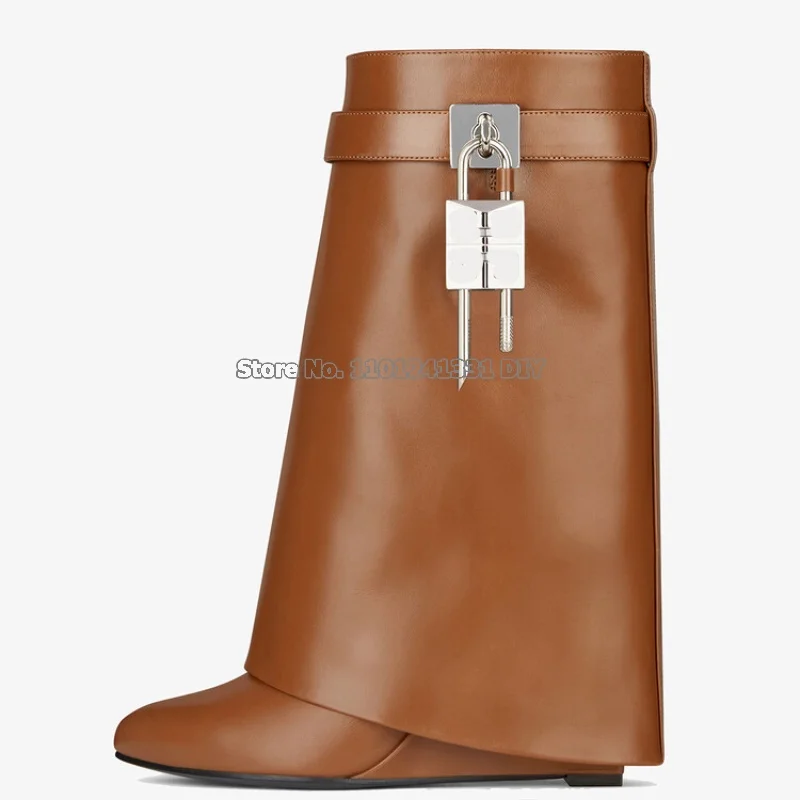 Padlock Real Leather Wedge Heeled Short Boots Ladies Height Increased High Heel Autumn Winter Short Boots Plus Siz