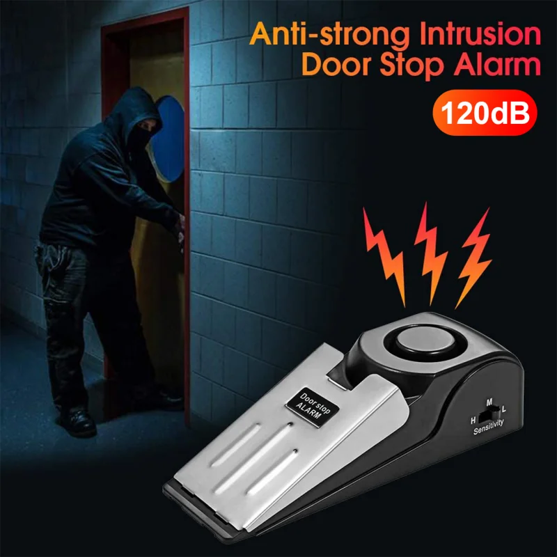 

Mini Wireless Door Alarm Stopper Safety Alarm Stainless Steel 3 Sensitivity Level Sensor Wedge-shaped Home Security Protection