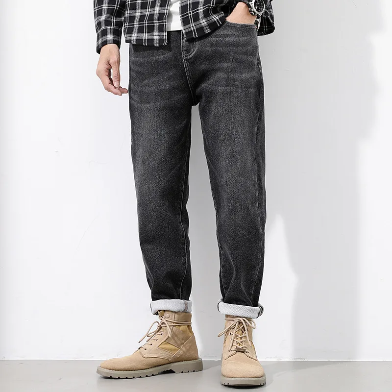 Small straight black men's jeans fashion trendy youth waist pants autumn and winter commuter stretch casual men's pants.