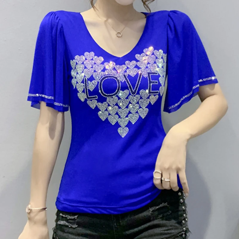 

Женская Сетчатая футболка с круглым вырезом, Расклешенным рукавом и стразами