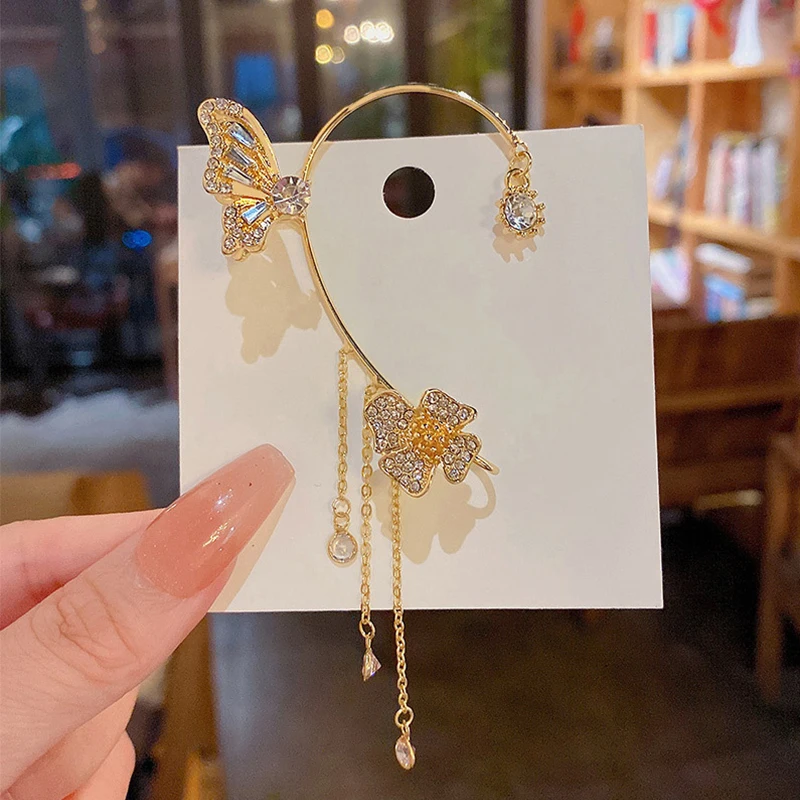

Shiny Zircon Butterfly Ear Cuff Gold Color Tassel Clip On Earrings For Women Korea Style Copper Earring Without Piercing Jewelry