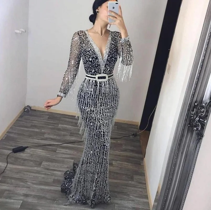 

New Women Autumn V-neck Dress Fall Fashion Evening Party Long Sleeves Ladies Paillette Tassels Silver Daily Formal Dress Spring