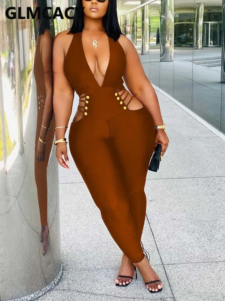 

Women Backless Halter V Neck Slim Jumpsuit Sexy Party Club Jumpsuits