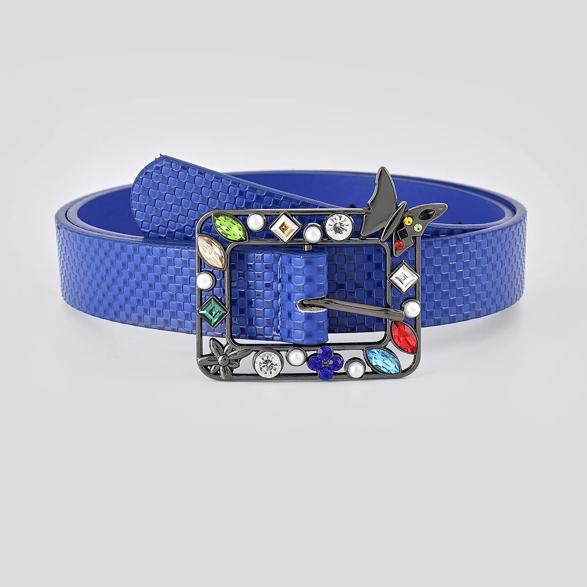 Fashion Embossed Blue Skinny Strap with Square Buckle for Women