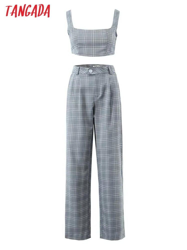 

Tangada Women Plaid Tracksuit Sets Crop Top Wide Leg Pants suit 2 pieces Sets Suits DZ10