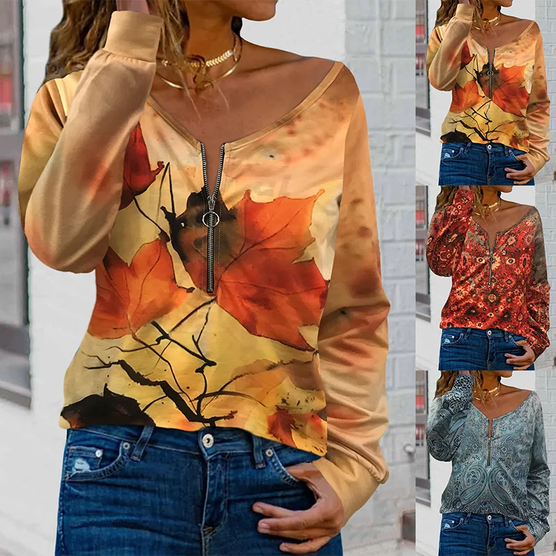 

2022 Autumn Winter New Women's Fashion Zipper Loose Long Sleeve Top Casual Print Elegant Temperament Street Pullover T-shirt Tee