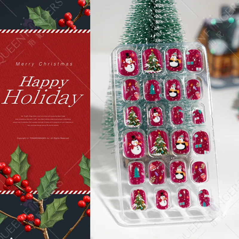 

2023 New Year 24Pc Christmas Elk Snowflake False Nail Tips Pres on Children Full Cover Kid Fake Nail Girls Nail Decor Manicure