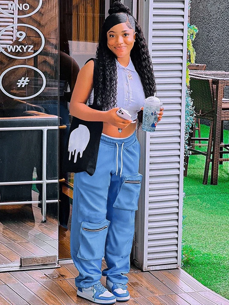 

Joskaa Blue Drawstring High Waist Straight Pants Women Fashion Zipper Pockets Loose Trousers Fall 2022 Female Bottoms Streetwear