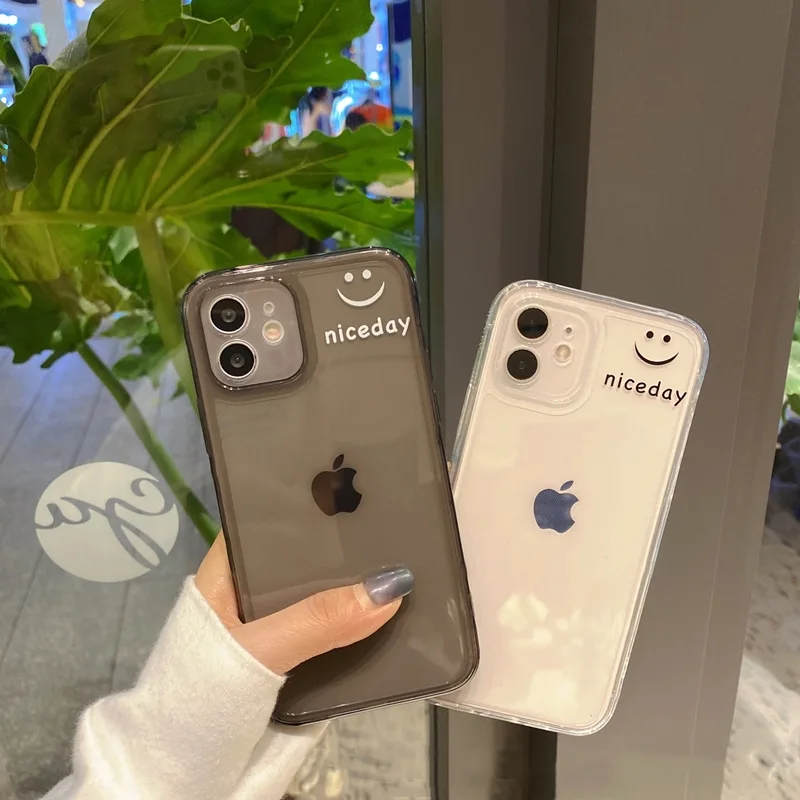 

Side Smiley Face Phone Case For iPhone 12 11 Pro Max Mini XR Xs Max X 7 8 Plus SE Transparent Shockproof Lens Protection Cover