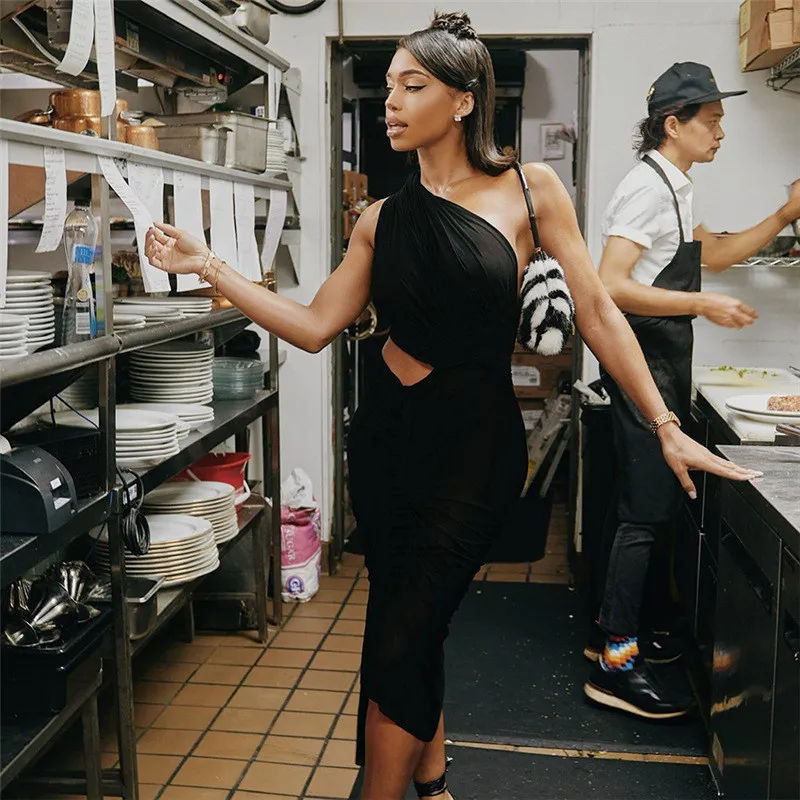 

Summer fashion sloping shoulder sexy hot girl cutout air quality slit dress elegant sleeveless backless club party beach sexy