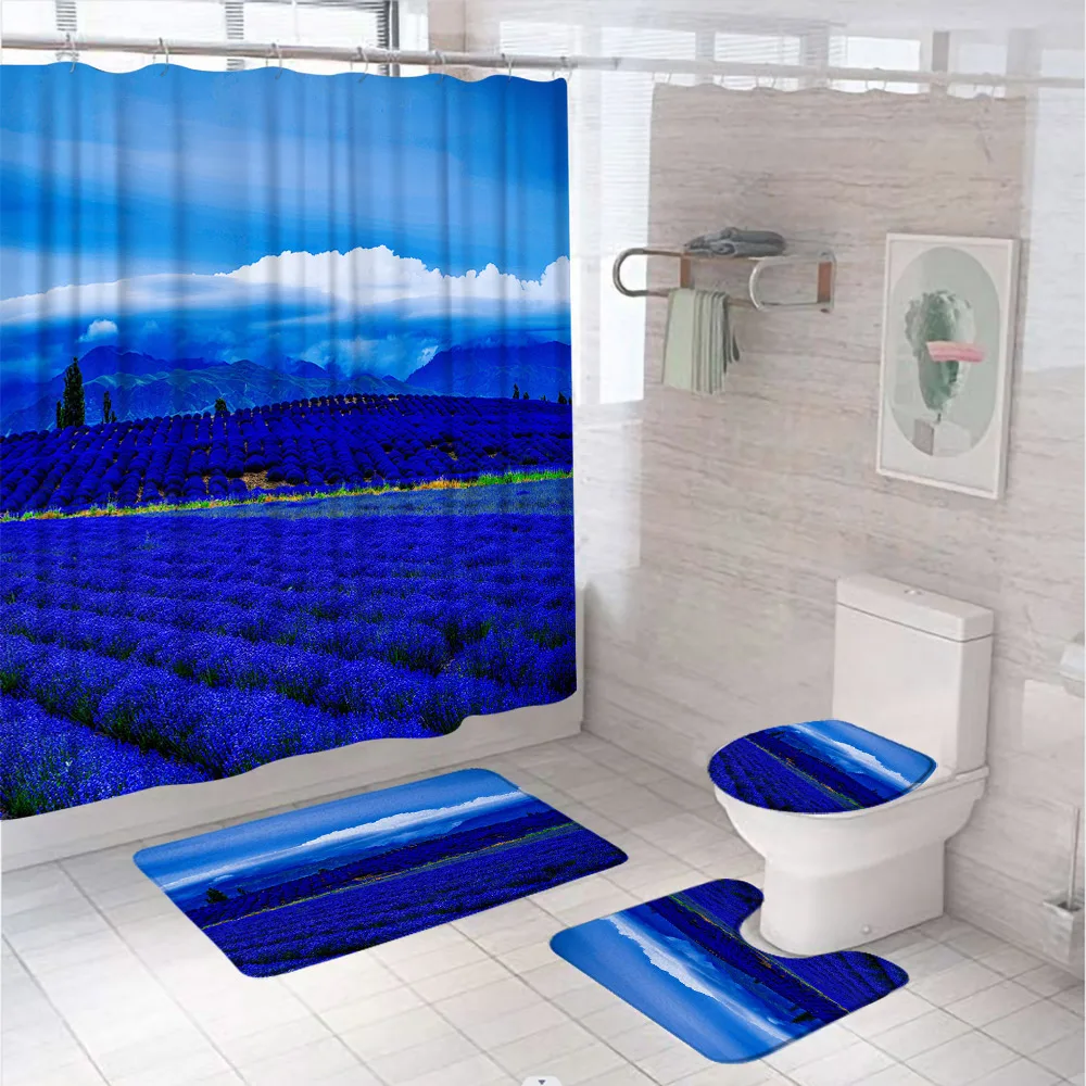 

Blue Lavender Flowers Landscape Shower Curtain Sets Rural Scenery Floral Bathroom Screen Anti-slip Bath Mat Toilet Lid Cover Rug