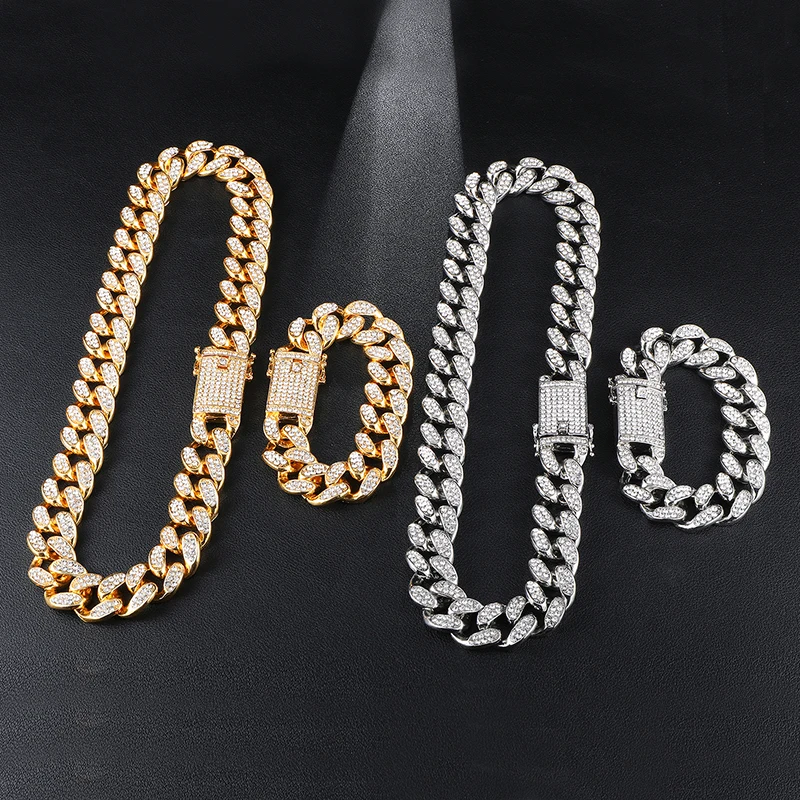 

Zinc Alloy Iced Out 19mm 2 Row Cuban Link Chain Necklace Bracelet Set Icy Hip Hop Men Women Rapper Jewelry Set Rose Plated
