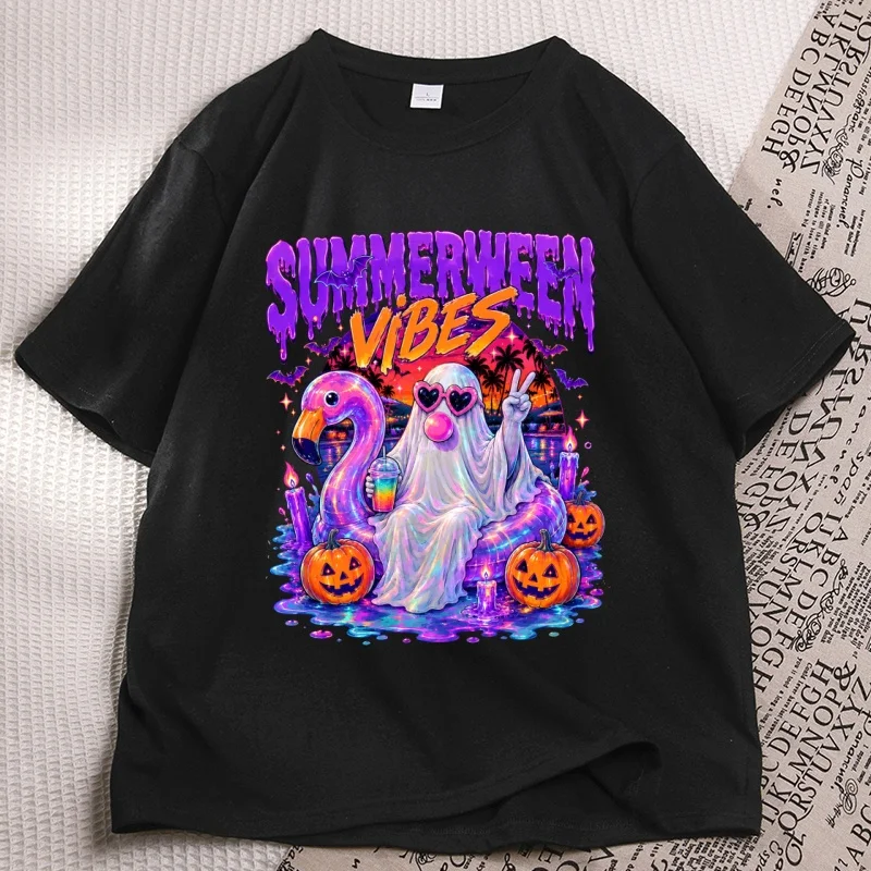 Фото Футболки с принтом Spooky Pool Float Blowing Bubble Gum, модные осенние футболки с цветочным принтом, повседневные футболки с круглым вырезом и принтом на Хэллоуин №2