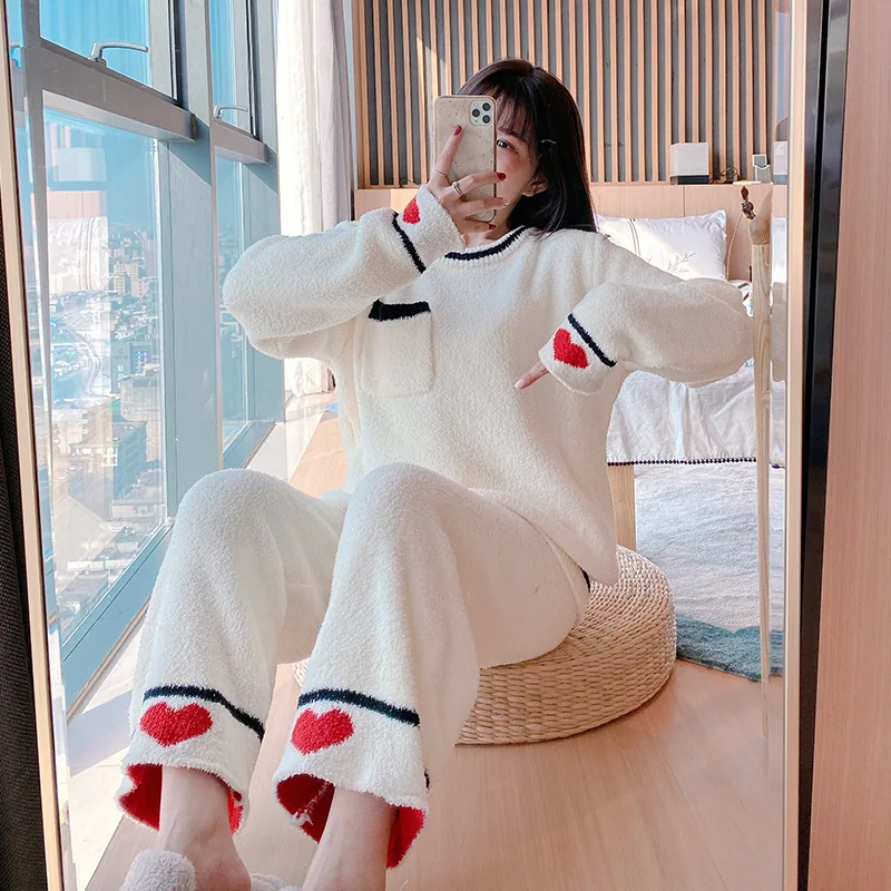 Ins Pajamas Women Suit Thickened Warm Soft Winter Outdoor Long-sleeved Trousers Small Fragrance Love Coral Velvet Home Clothing