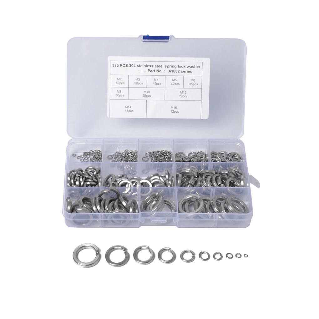 

325PCS Set Spring Washers Stainless Steel Split Lock Washers M2 M3 M4 M5 M6 M8 M10 M12 M14 M16 Car Full Kit Gaskets