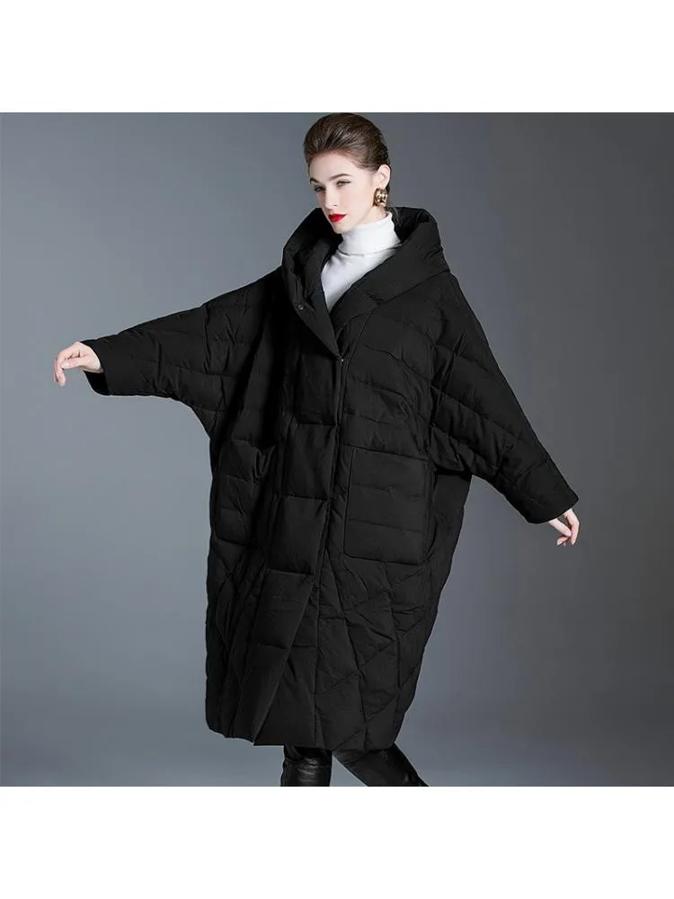 High-End 2022 Winter Long Thicked Black Hooded 90 White Down Coats Women Loose Comfortable Warmer Bread Cloth Jackets